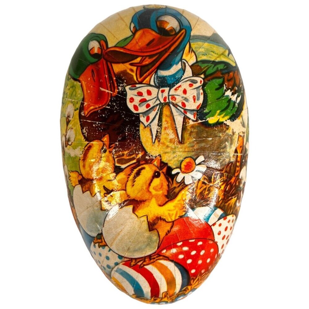 Vintage German Paper Mache Egg Candy Container 6” Doily Trim Ducks With Babies - Picture 2 of 12